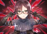  1girl @_@ absurdres bangs black-framed_eyewear black_dress black_gloves blush breasts brown_hair center_opening closed_mouth consort_yu_(fate) double_v dress earrings elbow_gloves emotional_engine_-_full_drive fate/grand_order fate_(series) fou_(ssqseeker) glasses gloves gradient gradient_background grey_dress grey_eyes hands_up highres jewelry layered_dress long_hair looking_at_viewer multiple_earrings parody red_background ribbed_dress smile solo sparkle tearing_up tongue tongue_out turtleneck_dress v very_long_hair 