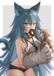  1girl animal_ear_fluff animal_ears bell bell_choker blue_eyes blue_hair blush borrowed_character breasts cat_ears cat_girl cat_tail choker commentary_request doughnut food gloves hair_between_eyes highres kurisustinah long_hair looking_at_viewer micro_shorts original paw_gloves paws short_shorts shorts solo tail tears very_long_hair 