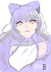  1girl bangs bare_shoulders big_hair black_hair blake_belladonna bow closed_mouth copyright_name hair_bow long_hair nagisa_kurousagi purple_bow rwby simple_background solo white_background yellow_eyes 