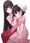  2girls animal_ears bangs between_legs black_hair blunt_bangs blush bright_pupils carrot_necklace closed_eyes commentary_request dress grin hand_between_legs hand_on_another&#039;s_chin hand_on_another&#039;s_head head_tilt highres houraisan_kaguya inaba_tewi leaning_to_the_side long_hair long_sleeves looking_at_viewer multiple_girls petting pink_dress pink_shirt puffy_short_sleeves puffy_sleeves rabbit_ears red_eyes shirt short_sleeves simple_background sitting smile touhou tsukimirin very_long_hair white_background white_pupils 