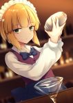  1girl apron bangs bartender blonde_hair blue_apron blue_neckwear blurry blurry_background bow bowtie brown_vest closed_mouth cocktail_glass cocktail_shaker commentary_request cup cutlass_(girls_und_panzer) depth_of_field drinking_glass eyebrows_visible_through_hair frilled_apron frills girls_und_panzer hair_bow hands_up highres holding indoors kashiwagi_yamine long_sleeves maid_headdress shirt solo vest white_bow white_shirt yellow_eyes 