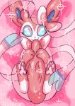  biting blue_eyes commentary creature english_commentary fangs flufflixx full_body gen_6_pokemon highres looking_at_viewer lying mouth_hold no_humans on_back pokemon pokemon_(creature) signature solo sparkle sylveon 