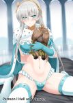  1girl anastasia_(fate/grand_order) bangs blue_bra blue_cloak blue_eyes blue_gloves blue_panties blush bra breasts cloak closed_mouth crown doll earrings elbow_gloves fate/grand_order fate_(series) gloves hair_over_one_eye hairband hellandheaven highres holding holding_doll jewelry large_breasts long_hair looking_at_viewer mini_crown navel panties royal_robe silver_hair sitting solo spread_legs thigh-highs thighs underwear very_long_hair viy wariza white_legwear 