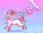  balloon blue_eyes commentary creature english_commentary flufflixx from_side full_body gen_6_pokemon gradient gradient_background heart mouth_hold no_humans pokemon pokemon_(creature) profile running shadow signature solo star sylveon 
