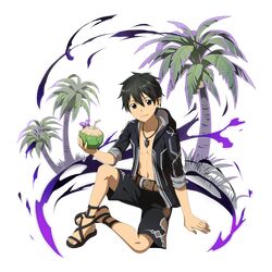  1boy arm_support belt belt_buckle black_eyes black_hair black_jacket black_shorts brown_belt buckle closed_mouth collarbone drinking_straw full_body hair_between_eyes highres holding hood hood_down hooded_jacket jacket jewelry kirito_(sao-alo) looking_at_viewer male_focus necklace official_art open_clothes open_jacket palm_tree pointy_ears shiny shiny_hair shorts sitting smile solo sword_art_online transparent_background tree 