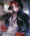  1boy absurdres bandaged_hands bandages bandaid bandaid_on_face blue_eyes boxer boxing_gloves closed_mouth covered_navel earrings facial_scar highres hood hood_up indoors jewelry male_focus medal muscle original panza punching_bag redhead scar single_earring solo sweat 