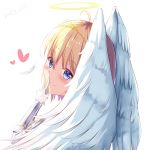 1girl \r\n absurdres ahoge alternate_eye_color alternate_hair_color angel_wings blonde_hair blue_eyes blush dated dongyue_sakura halo highres itai_no_wa_iya_nano_de_bougyoryoku_ni_kyokufuri_shitai_to_omoimasu looking_at_viewer looking_back maple_(bofuri) maple_(itai_no_wa_iya_nano_de_bougyoryoku_ni_kyokufuri_shitai_to_omoimasu) solo spoilers wings