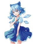  1girl absurdres annoyed blue_dress blue_eyes blue_hair blue_ribbon bow cirno commentary_request dress fairy_wings frilled_skirt frills hair_bow hand_on_own_chest highres ice ice_wings korean_commentary mixed-language_commentary nankam pointy_ears puffy_short_sleeves puffy_sleeves red_ribbon ribbon shirt short_hair short_sleeves skirt solo touhou wavy_hair white_background white_shirt wing_collar wings 