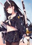 1girl azur_lane black_cardigan black_serafuku black_shirt blush brown_legwear cardigan collarbone commentary_request cowboy_shot earrings from_side gradient gradient_background hair_ornament highres holding holding_sword holding_weapon imperial_japanese_navy jewelry katana lifted_by_self looking_at_viewer midriff miniskirt navel noshiro_(azur_lane) oni_horns open_cardigan open_clothes pantyhose pleated_skirt sailor_collar school_uniform serafuku sheath sheathed shirt skirt solo standing star star_earrings stomach sword tongue tongue_out unacchi_(nyusankin) violet_eyes weapon white_neckwear white_sailor_collar x_hair_ornament 