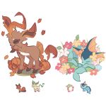  autumn_leaves charamells closed_eyes comfey creature flower full_body fusion gen_1_pokemon gen_4_pokemon gen_7_pokemon gen_8_pokemon grass highres leafeon lying multiple_fusions nickit no_humans on_stomach pokemon pokemon_(creature) pumpkin simple_background sleeping standing vaporeon white_background 