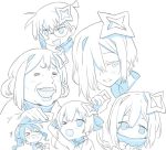  &gt;_&lt; 2girls amane_kanata blade_(galaxist) commentary_request cosplay edogawa_conan edogawa_conan_(cosplay) glasses hair_between_eyes hair_ornament hair_over_one_eye hololive hoshimachi_suisei houshou_marine laughing looking_at_viewer meitantei_conan monochrome multiple_girls old_woman one_eye_closed open_mouth parody short_hair simple_background suisei_channel tears virtual_youtuber white_background 