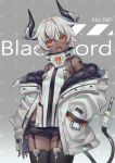  1girl :o android bangs bare_shoulders black_legwear black_shorts blush breasts character_name collar commentary_request cowboy_shot curled_horns dark_skin eyebrows_visible_through_hair fang garter_straps gradient gradient_background grey_background grey_hair hair_between_eyes hand_in_pocket head_tilt highres horns jack_plug jacket legs_together long_sleeves looking_at_viewer mechanical_horns mechanical_tail off-shoulder_jacket off_shoulder open_clothes open_jacket orange_eyes original robot_joints shirt short_hair short_shorts shorts sidelocks skin_fang sleeves_past_wrists small_breasts solo standing tabard tail thigh-highs white_coat white_jacket white_shirt zoff_(daria) 