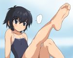  1girl bare_shoulders barefoot black_eyes black_hair blush competition_school_swimsuit feet flat_chest highres leg_up legs original oyatsu_(mk2) school_swimsuit short_hair soles solo swimsuit toes 