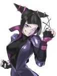  1girl absurdres black_hair breasts drill_hair fingerless_gloves gloves han_juri highres looking_at_viewer nail_polish ryu0120 short_hair simple_background smile solo street_fighter street_fighter_v twin_drills violet_eyes white_background 
