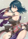  1girl armlet blue_eyes blue_hair byleth_(fire_emblem) byleth_eisner_(female) byleth_eisner_(female) check_commentary closed_mouth commentary commentary_request cute dancer dress fire_emblem fire_emblem:_three_houses fire_emblem:_three_houses fire_emblem_16 grey_background haru_(nakajou-28) highres intelligent_systems medium_hair nintendo pelvic_curtain simple_background solo 