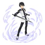  1boy augma black_eyes black_gloves black_hair black_pants closed_mouth frown full_body gloves hair_between_eyes highres holding holding_sword holding_weapon kirito looking_at_viewer male_focus non-web_source official_art pants shiny shiny_hair solo standing sword sword_art_online transparent_background weapon 