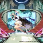  1girl aqua_eyes aqua_hair banner chinese_commentary commentary concert dress elbow_gloves flag floating_hair foreshortening from_side full_body gloves glowstick green_hair hatsune_miku high_heels highres indoors laser long_hair mamima official_art open_mouth outstretched_arm solo stage stairs twintails very_long_hair vocaloid 