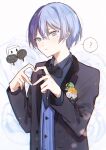  1boy ? aoyagi_touya avatar_(project_sekai) black_bow black_bowtie blazer blue_hair blush bow bowtie buttons closed_mouth dark_blue_hair finger_heart floral_background flower formal grey_eyes hair_between_eyes highres holding jacket jishio junpaku_no_anata_e_chikai_no_uta_o!_(project_sekai) lapels long_sleeves looking_at_viewer male_focus mole mole_under_eye multicolored_hair notched_lapels official_alternate_costume open_clothes open_jacket orange_flower project_sekai short_hair split-color_hair spoken_question_mark two-tone_hair upper_body 