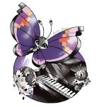  :d artsy-theo black_eyes bug butterfly creature flying full_body gen_6_pokemon happy insect instrument looking_at_viewer no_humans open_mouth piano pokemon pokemon_(creature) purple_background scatterbug signature smile spewpa vivillon vivillon_(elegant) 