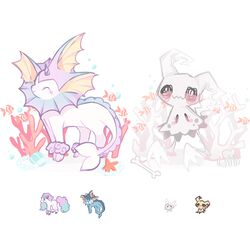  ^_^ blue_eyes bone brown_eyes charamells closed_eyes creature fish full_body fusion galarian_corsola galarian_form galarian_ponyta gen_1_pokemon gen_7_pokemon gen_8_pokemon happy horn mimikyu multiple_fusions no_humans pink_eyes pokemon pokemon_(creature) simple_background smile standing starfish unicorn vaporeon white_background 