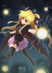  1girl arm_strap bardiche belt black_legwear black_leotard blonde_hair blurry blurry_background boots cape diesel-turbo eyebrows_visible_through_hair fate_testarossa gloves gradient hair_ribbon highres leotard long_hair looking_at_viewer lyrical_nanoha magical_girl mahou_shoujo_lyrical_nanoha red_eyes ribbon showgirl_skirt sleeveless solo thigh-highs twintails 