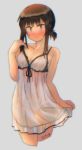  1girl alternate_costume artist_name blush brown_eyes brown_hair commentary cowboy_shot cropped_legs ergot fubuki_(kantai_collection) grey_background kantai_collection lingerie looking_at_viewer low_ponytail negligee nose_blush short_hair short_ponytail simple_background solo underwear 