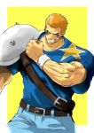  1boy anagumasan blonde_hair blue_shirt brian_battler clenched_hand denim facepaint grin highres jeans male_focus pants pauldrons shirt short_hair simple_background smile solo the_king_of_fighters 