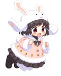  1girl :3 animal_ears animal_hood bangs bebeneko black_footwear black_hair black_skirt blush boots bunny_tail carrot_print clenched_hands coat commentary_request eyebrows_visible_through_hair folded_leg food_print hood inaba_tewi jumping looking_to_the_side open_mouth outline pantyhose pink_coat rabbit_ears red_eyes ribbon short_hair skirt solo striped striped_ribbon tail touhou transparent_background white_legwear white_outline winter_clothes winter_coat 