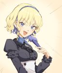  1girl blonde_hair blue_eyes blue_hairband constance_von_nuvelle earrings fan fire_emblem fire_emblem:_three_houses garreg_mach_monastery_uniform hairband highres holding jewelry long_sleeves open_mouth purple_hair short_hair solo tugo uniform upper_body 