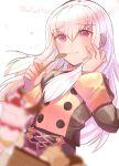  1girl closed_mouth dessert fire_emblem fire_emblem:_three_houses food garreg_mach_monastery_uniform highres holding holding_spoon long_hair long_sleeves lysithea_von_ordelia m1n0f2e1 pink_eyes simple_background smile solo spoon twitter_username uniform upper_body white_background white_hair 