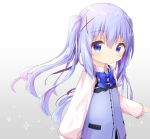  1girl absurdres alternate_hairstyle bangs blue_bow blue_eyes blue_hair blue_vest blush bow closed_mouth collared_shirt commentary dress_shirt eyebrows_visible_through_hair floating_hair gochuumon_wa_usagi_desu_ka? gradient gradient_background grey_background hair_between_eyes hair_ornament highres kafuu_chino long_hair long_sleeves looking_at_viewer nakkar rabbit_house_uniform shirt sleeves_past_wrists smile solo sparkle twintails uniform upper_body very_long_hair vest waitress white_background white_shirt x_hair_ornament 