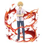  1boy blonde_hair blue_eyes blue_pants casual closed_mouth collarbone collared_shirt crossed_arms dress_shirt eugeo fire hair_between_eyes highres looking_at_viewer male_focus non-web_source official_art open_clothes open_shirt pants pink_shirt print_shirt red_footwear shiny shiny_hair shirt shoes short_sleeves smile sneakers solo standing sword_art_online transparent_background wing_collar 