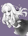  1girl eating epaulettes fire_emblem fire_emblem:_three_houses garreg_mach_monastery_uniform greyscale highres long_sleeves lysithea_von_ordelia monochrome nekolook open_mouth purple_background simple_background solo uniform 