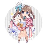  1girl :d blue_eyes blue_neckwear bouquet bow bowtie brown_hair chibi detached_collar dress flower frilled_bow frills full_body gloves hair_bow hat ikeuchi_tanuma long_dress looking_at_viewer mini_hat mini_top_hat open_mouth original pigeon-toed pink_flower shoes smile solo standing star top_hat two_side_up white_dress white_footwear white_gloves yellow_bow 