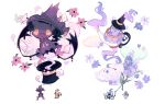 bird chandelure charamells creature flower full_body fusion gen_4_pokemon gen_5_pokemon gen_7_pokemon gen_8_pokemon hat looking_at_viewer mimikyu mismagius multiple_fusions no_humans pidove pokemon pokemon_(creature) polteageist simple_background smile teapot top_hat white_background witch_hat yellow_eyes 