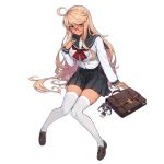  1girl ahoge alma_armas alternate_costume bag black_skirt blonde_hair breasts brown_footwear closed_mouth eyebrows_visible_through_hair girls_frontline glasses jill_stingray large_breasts loafers long_hair long_sleeves looking_at_viewer neckerchief official_art pleated_skirt red_neckwear school_bag school_uniform serafuku shoes skirt solo terras thigh-highs transparent_background va-11_hall-a white_legwear 