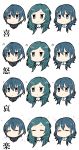  1boy 2girls bangs blue_eyes byleth_(fire_emblem) byleth_eisner_(female) byleth_eisner_(male) chibi closed_eyes expressionless expressions eyebrows_visible_through_hair face fire_emblem fire_emblem:_three_houses hair_between_eyes head_only highres ijiro_suika looking_at_viewer medium_hair mother_and_daughter mother_and_son multiple_girls multiple_views no_mouth no_nose parted_bangs pout sad short_hair simple_background sitri_(fire_emblem) smile sweatdrop translated white_background 