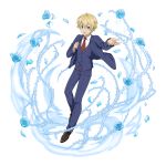  1boy :d bangs black_footwear black_jacket blonde_hair blue_eyes blue_flower blue_pants blue_rose collared_shirt eugeo flower hair_between_eyes highres ice jacket long_sleeves looking_at_viewer male_focus necktie non-web_source official_art open_clothes open_jacket open_mouth pants print_neckwear red_neckwear rose school_uniform shiny shiny_hair shirt smile solo sparkle sword_art_online transparent_background white_shirt wing_collar 