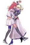  2girls blonde_hair blue_eyes blue_hairband boots constance_von_nuvelle dancing dark_skin dosukoi_daishogun earrings fire_emblem fire_emblem:_three_houses flustered from_side garreg_mach_monastery_uniform hairband hapi_(fire_emblem) high_heel_boots high_heels highres holding_hands jewelry knee_boots long_sleeves multicolored_hair multiple_girls open_mouth purple_hair red_eyes redhead short_hair simple_background skirt uniform white_background 