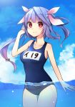  1girl blue_hair blue_sky blue_swimsuit breasts clouds cowboy_shot day hair_ribbon highres i-19_(kantai_collection) kantai_collection katsuobushi_(eba_games) long_hair looking_at_viewer medium_breasts name_tag one-piece_swimsuit outdoors red_eyes ribbon school_swimsuit sky solo star star-shaped_pupils swimsuit symbol-shaped_pupils thigh_gap tri_tails twintails water 
