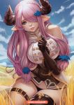  1girl artist_name bare_shoulders black_bikini_bottom blue_eyes blue_sky braid breasts clouds curvy demon_horns draph field granblue_fantasy hair_ornament hair_over_one_eye hairclip highres horizon horns large_breasts long_hair looking_at_viewer magion02 mountainous_horizon narmaya_(granblue_fantasy) parted_lips pink_hair pointy_ears sidelocks single_thighhigh sitting sky sleeveless thigh-highs thigh_strap thighs very_long_hair wheat_field 