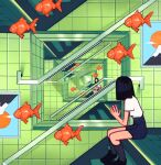  2girls black_footwear black_hair black_legwear black_skirt cutiicosmo fish floating goldfish hand_up highres medium_hair multiple_girls original railing shirt shoes short_sleeves sitting skirt socks stairs surreal vanishing_point white_shirt wide_shot 