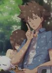  1boy absurdres brother_and_sister brown_eyes brown_hair chinese_commentary chongge_sama closed_eyes commentary_request digimon digimon_adventure digimon_adventure_tri. highres looking_at_viewer open_mouth short_hair siblings sleeping tailmon tree yagami_hikari yagami_taichi 