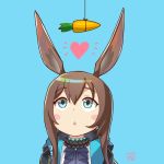 1girl amiya_(arknights) animal_ears arknights ascot bangs black_jacket blue_background blue_eyes blush_stickers brown_hair carrot dot_nose eyebrows_visible_through_hair finalcake hair_between_eyes hanging_food heart jacket long_hair looking_up open_clothes open_jacket simple_background solo triangle_mouth upper_body 