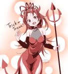  1girl alternate_costume alternate_hairstyle arm_up bare_shoulders blush breasts cleavage_cutout demon_horns demon_tail earrings fang hoop_earrings horns jewelry long_hair looking_at_viewer mahou_shoujo_madoka_magica mr_nini polearm red_eyes redhead sakura_kyouko side_slit small_breasts smile solo tail thighs trick_or_treat trident weapon 