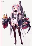  1girl adapted_costume alcohol alternate_costume antenna_hair apron azumi_akitake azur_lane bangs bare_shoulders black_footwear black_legwear bottle breasts brown_eyes center_opening character_name cleavage_cutout commentary_request copyright_name detached_sleeves dress enmaided frills full_body garters hair_between_eyes hand_on_own_thigh heart_cutout high_heels highres holding holding_tray iron_cross large_breasts leg_garter long_hair looking_at_viewer machinery maid maid_apron maid_headdress mole mole_on_breast multicolored_hair parted_lips prinz_eugen_(azur_lane) revision rigging short_dress sideboob silver_hair skindentation solo standing streaked_hair swept_bangs thigh-highs thigh_strap thighs tray turret two_side_up very_long_hair wine_bottle wrist_cuffs 