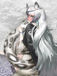  /\/\/\ 1girl animal_ears arknights belt biting blush bracelet braid cape forest from_behind full-face_blush gravel grey_eyes grey_hair hair_ornament head_chain highres jewelry leopard_ears leopard_girl leopard_tail long_hair looking_back nature pramanix_(arknights) sitting solo tail tail_biting tail_grab teira thigh-highs tree very_long_hair 