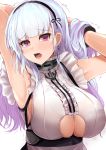  1girl anchor_choker armpits arms_up azur_lane bangs black_hairband blush breasts center_frills choker dido_(azur_lane) earrings frilled_choker frills hairband heart heart_earrings jewelry kanzaki_kureha lace-trimmed_hairband large_breasts long_hair looking_at_viewer open_mouth shirt silver_hair simple_background sleeveless sleeveless_shirt solo sweat tears trembling under_boob underboob_cutout violet_eyes white_background 