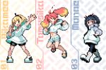  3girls amano_pikamee arm_up baggy_clothes bangs blonde_hair blue_legwear blunt_bangs boots character_name collared_jacket commentary dark_blue_hair fiery_hair full_body hands_in_pockets headband hikasa_tomoshika hood hoodie jacket jitomi_monoe jumping long_hair lowres midriff moyasiwhite multicolored_hair multiple_girls open_mouth orange_hair parody pixel_art pokemon sandals shoes short_hair shorts sleeves_past_wrists smile standing style_parody twintails two-tone_hair virtual_youtuber voms 