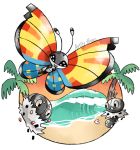  :d artsy-theo beach bug butterfly creature flying gen_6_pokemon happy insect looking_at_viewer no_humans open_mouth outdoors pine_tree pokemon pokemon_(creature) sand scatterbug signature sky smile spewpa tree twilight vivillon vivillon_(ocean) waves 